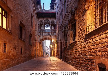 Narrow cobbled medieval Carrer del Bisbe street with Bridge of Sighs in Barri Gothic Quarter in the morning, Barcelona, Catalonia, Spain
