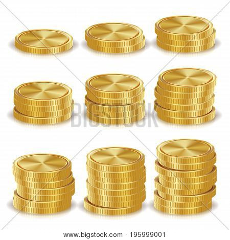 Gold Coins Stacks Vector. Golden Finance Icons, Sign, Success Banking Cash Symbol. Realistic Isolated Illustration