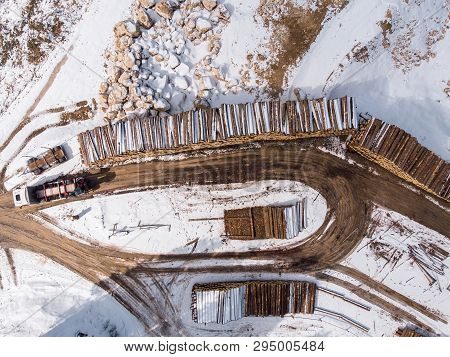 Lumberjack Timber In Forest. Loading Wood On Trailer Tractor. Top View Aerial Photo.