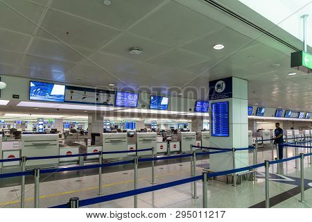 Dubai, Uae - April 2. 2019. Empty Check-in Area At Dxb International Airport