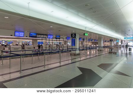 Dubai, Uae - April 2. 2019. Empty Check-in Area At Dxb International Airport