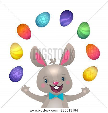 Happy Easter Greeting Card With Bunny And Eggs. Vector Cartoon Illustration. Cute Stylish Characters