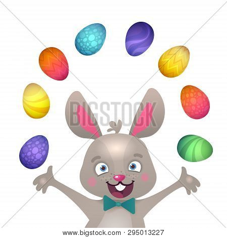 Happy Easter Greeting Card With Bunny And Eggs. Vector Cartoon Illustration. Cute Stylish Characters