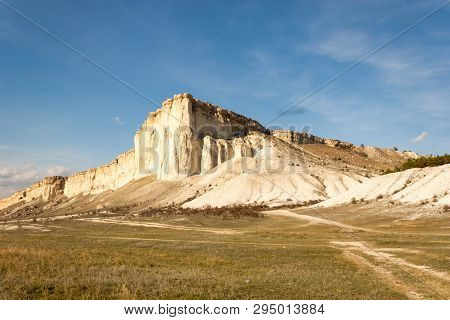 Landscape Of White Rock Or Belaya Scala, Rock Aq Kaya, Crimea, Belogorsky District On Blue Sky Backg