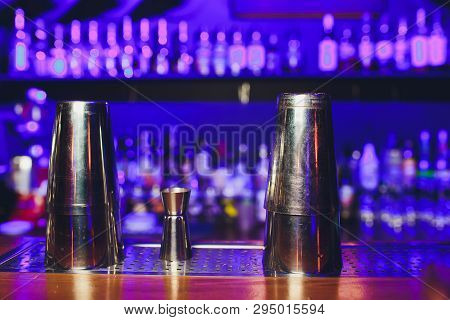 Classic Bar Cocktail Shaker, Bartender Tools, A Set Of Equipmen, Selected Focus.