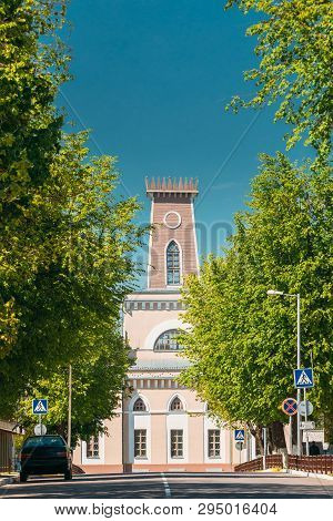 Chachersk, Gomel Region, Belarus. Famous Landmark - Old City Hall In Spring Day In Chechersk. Town H
