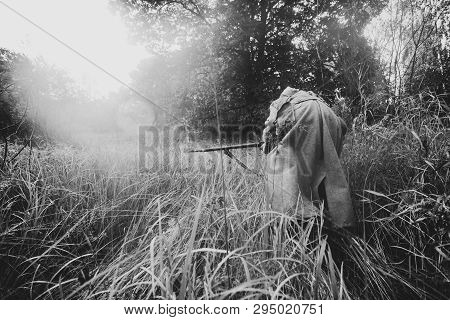 Re-enactor Dressed As World War Ii Russian Soviet Red Army Soldier Fast Running With Rifle Weapon Th