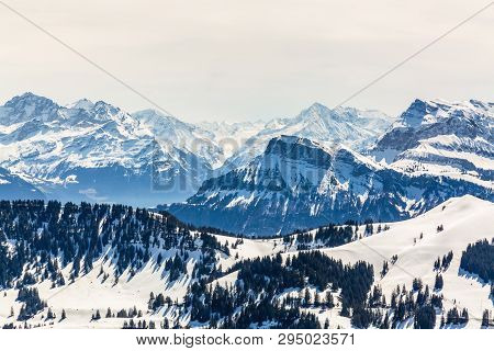Snowy Peaks Of Beautyful Mountains In Switzerland, View From Rigi Monutain