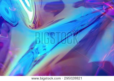 Abstract Trendy Holographic Background In 80s Style. Real Texture In Violet, Pink And Mint Colors Wi