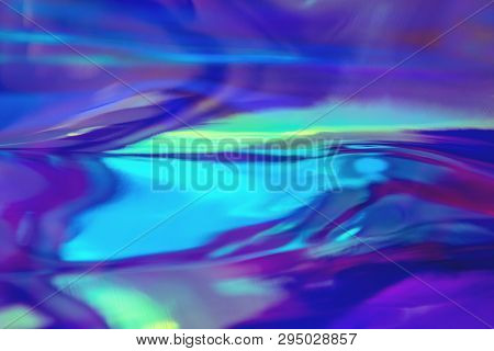 Abstract Trendy Holographic Background In 80s Style. Real Texture In Violet, Pink And Mint Colors Wi