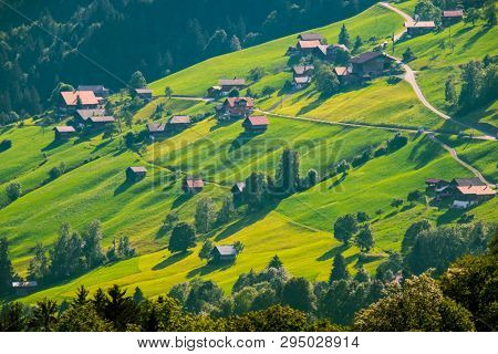 Summer time mountain nature panoramic landscape near Habkern, Switzerland