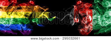 Gay Vs Afghanistan, Afghani Smoke Flags Placed Side By Side. Thick Colored Silky Smoke Flags Of Prid