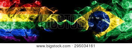Gay Vs Brazil, Brazilian Smoke Flags Placed Side By Side. Thick Colored Silky Smoke Flags Of Pride A