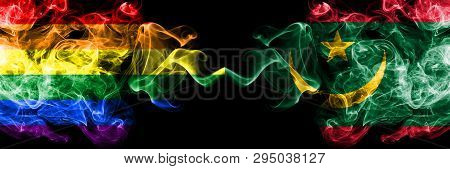 Gay Vs Mauritania, Mauritanian Smoke Flags Placed Side By Side. Thick Colored Silky Smoke Flags Of P