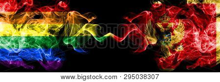 Gay Vs Montenegro, Montenegrin Smoke Flags Placed Side By Side. Thick Colored Silky Smoke Flags Of P