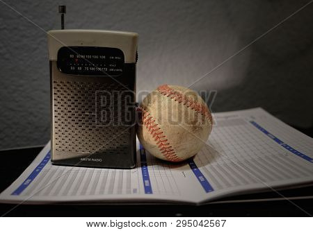 Vintage Transistor Radio, Baseball And Score Card.