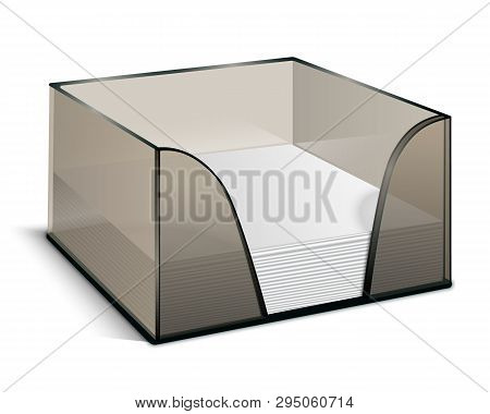 Mockup Plastic Box With Stickers. Square Blank White Sheets. Stationery For The Office. Leaflets Wit