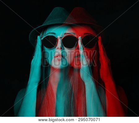 Beautiful Stylish Young Woman In Glasses And Hat. Image With 3d, Stereo Anaglyph Effect.