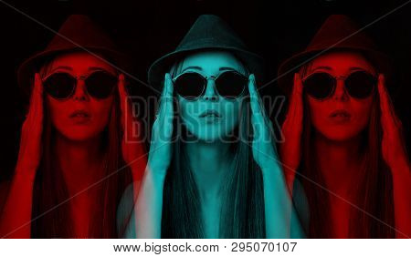 Stereo Anaglyph Effect Of Beautiful Stylish Young Woman In Glasses And Hat.