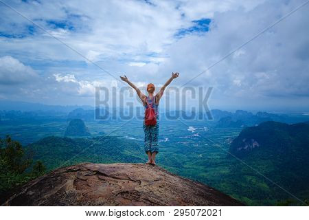 Happy Hiker With Her Arms Outstretched, Freedom And Happiness, Achievement In Mountains. Thailand, V