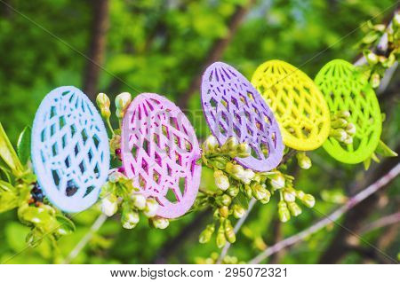 Easter Eggs Made Of Colored Felt With Flowering Branches Of Fruit Tree. Postcard, Banner For Easter.