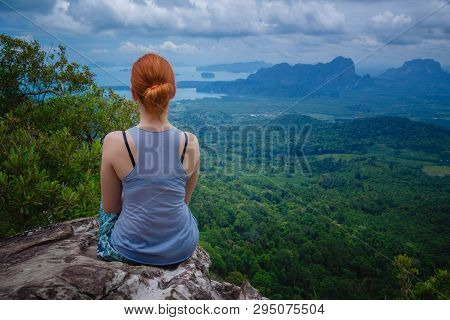 Happy Hiker With Her Arms Outstretched, Freedom And Happiness, Achievement In Mountains. Thailand, V
