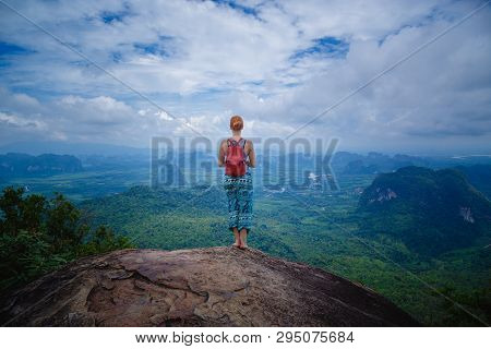 Happy Hiker With Her Arms Outstretched, Freedom And Happiness, Achievement In Mountains. Thailand, V