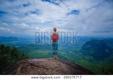 Happy Hiker With Her Arms Outstretched, Freedom And Happiness, Achievement In Mountains. Thailand, V
