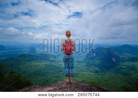 Happy Hiker With Her Arms Outstretched, Freedom And Happiness, Achievement In Mountains. Thailand, V