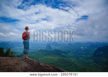 Happy Hiker With Her Arms Outstretched, Freedom And Happiness, Achievement In Mountains. Thailand, V