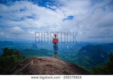 Happy Hiker With Her Arms Outstretched, Freedom And Happiness, Achievement In Mountains. Thailand, V
