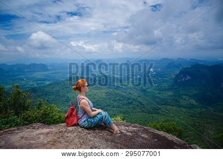 Happy Hiker With Her Arms Outstretched, Freedom And Happiness, Achievement In Mountains. Thailand, V