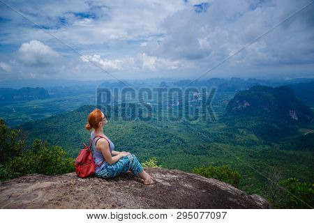 Happy Hiker With Her Arms Outstretched, Freedom And Happiness, Achievement In Mountains. Thailand, V