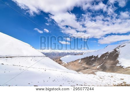 On The Road In Leh Ladakh Landscape.khardung La Pass.road On Snow Mountain  In Northern India.