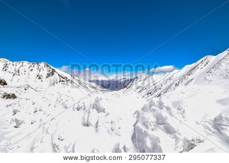 On The Road In Leh Ladakh Landscape.khardung La Pass.road On Snow Mountain  In Northern India.