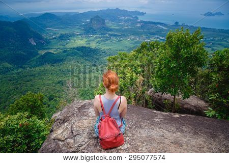Happy Hiker With Her Arms Outstretched, Freedom And Happiness, Achievement In Mountains. Thailand, V