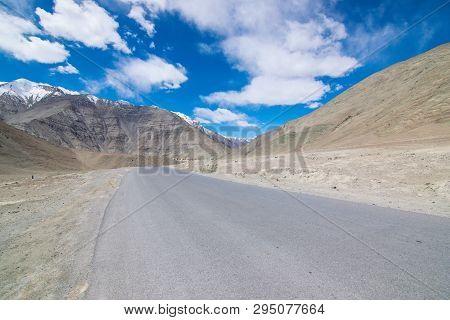 On The Road In Leh Ladakh Landscape.khardung La Pass.road On Snow Mountain  In Northern India.