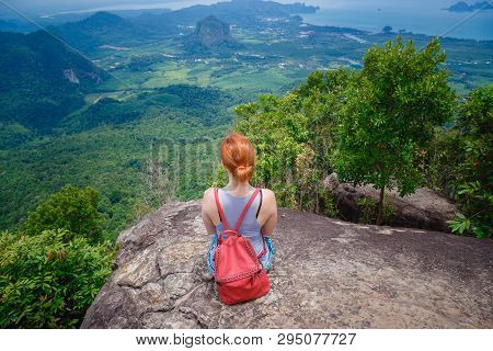 Happy Hiker With Her Arms Outstretched, Freedom And Happiness, Achievement In Mountains. Thailand, V