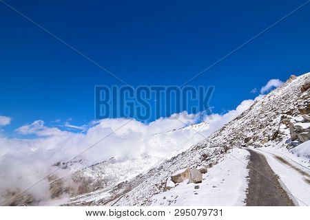 On The Road In Leh Ladakh Landscape.khardung La Pass.road On Snow Mountain  In Northern India.