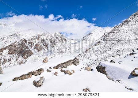 On The Road In Leh Ladakh Landscape.khardung La Pass.road On Snow Mountain  In Northern India.