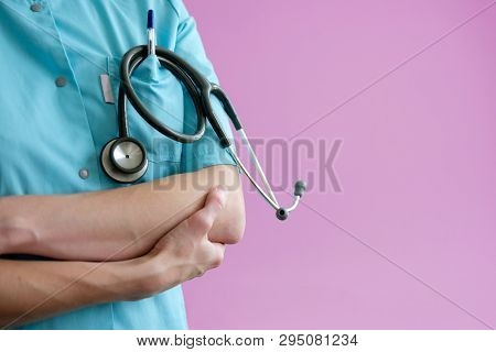Woman Laborant Working With Microscope Holding Automatic Pipette