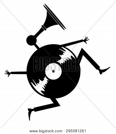 Cartoon Running Vinyl Illustration. Comic Long-playing Record With Hands, Legs And Loud Hailer Inste
