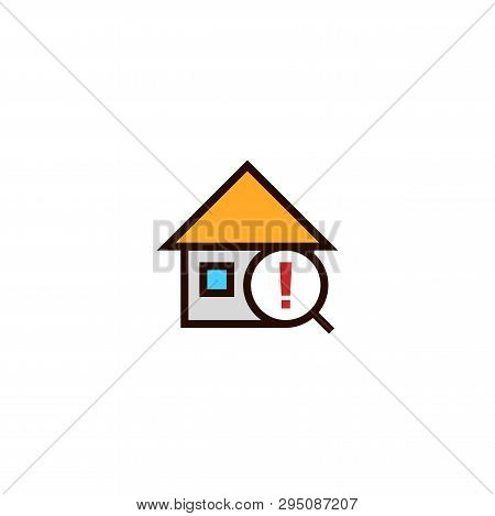 Warning Search House Icon. Home With Magnifying Glass And Exclamation Mark Symbol. Simple Clean Thin