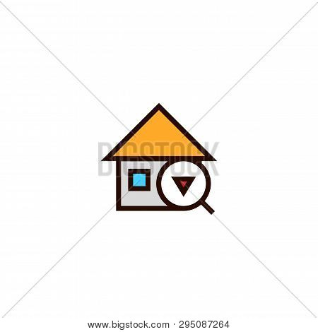 Down House Search Icon. Home With Magnifying Glass And Arrow Symbol. Simple Clean Thin Outline Style