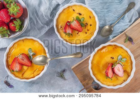 Creme Brulee - Traditional French Vanilla Cream Dessert With Caramelised Sugar On Top. Leite Creme, 