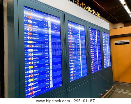Bangkok, Thailand, January 12, 2019 : Closeup And Perspective View Of Flight Schedule In Bangkok Int