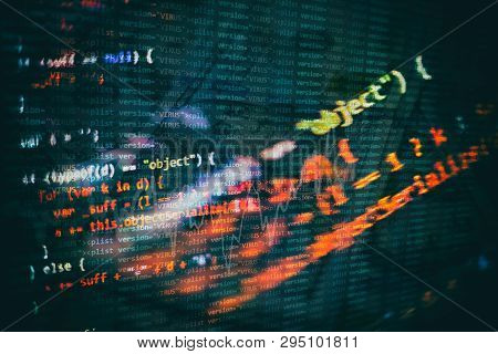 Css, Javascript And Html Usage. Monitor Closeup Of Function Source Code. Abstract It Technology Back
