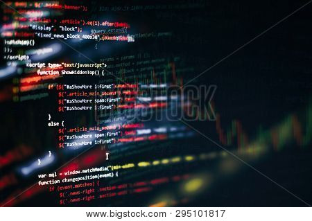 Css, Javascript And Html Usage. Monitor Closeup Of Function Source Code. Abstract It Technology Back