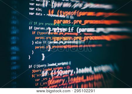 Css, Javascript And Html Usage. Monitor Closeup Of Function Source Code. Abstract It Technology Back