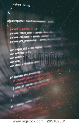 Css, Javascript And Html Usage. Monitor Closeup Of Function Source Code. Abstract It Technology Back